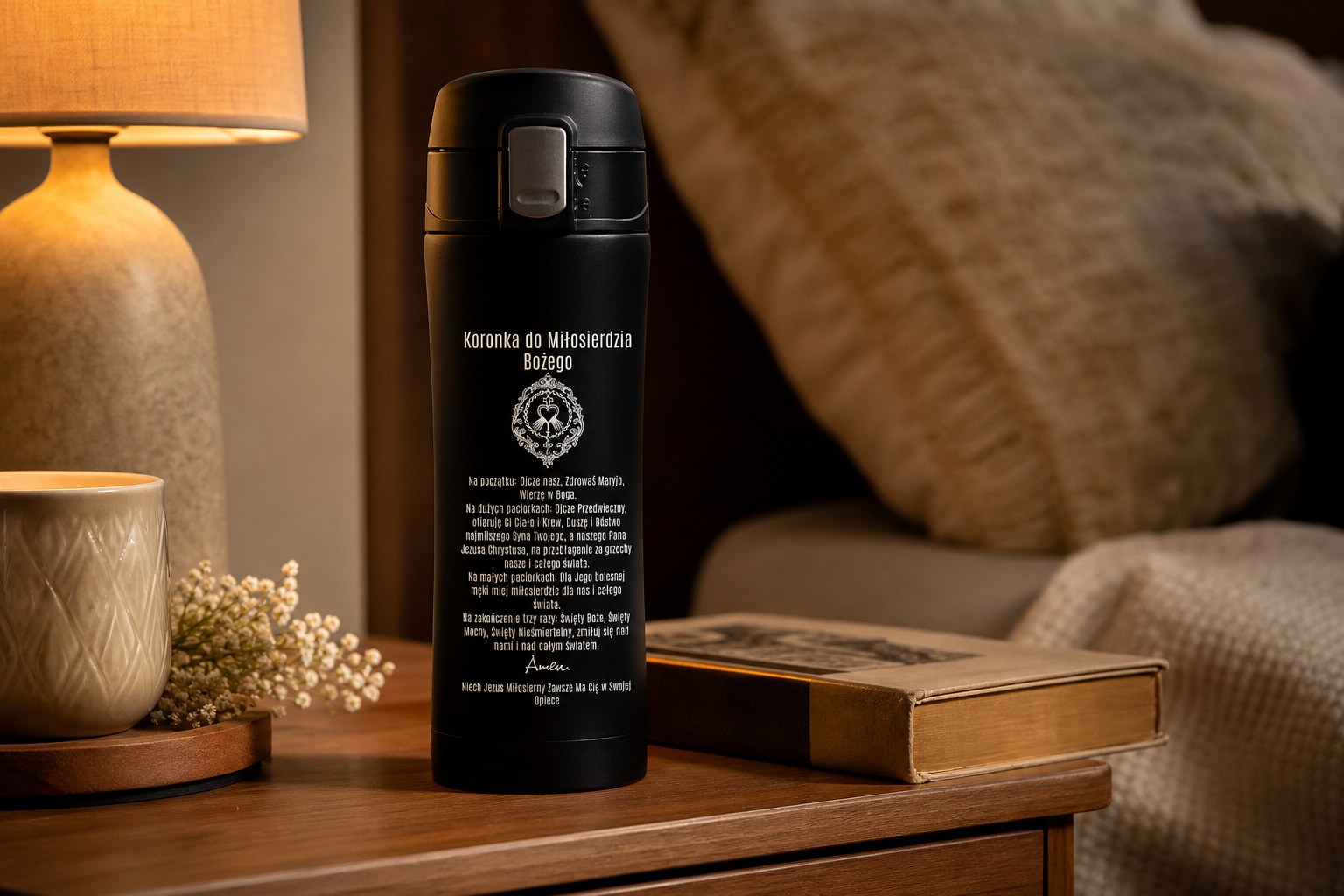Kubek termiczny 400 ml z modlitwą – Koronka do Miłosierdzia Bożego – zdjęcie lifestyle