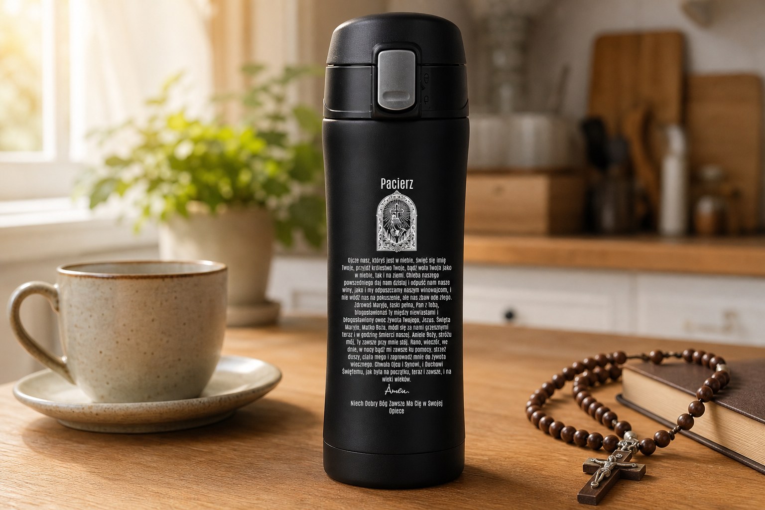 Kubek termiczny 400 ml z modlitwą – Pacierz – zdjęcie lifestyle