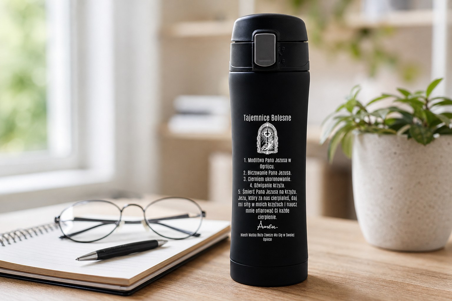 Kubek termiczny 400 ml z modlitwą – Tajemnice Bolesne – zdjęcie lifestyle