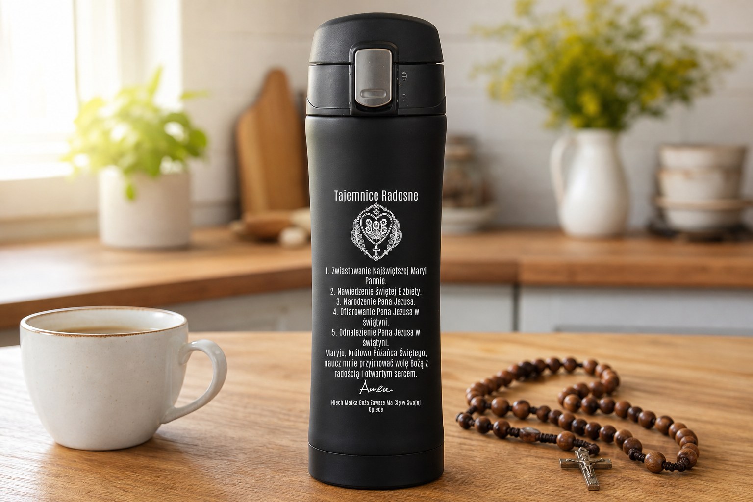 Kubek termiczny 400 ml z modlitwą – Tajemnice Radosne – zdjęcie lifestyle