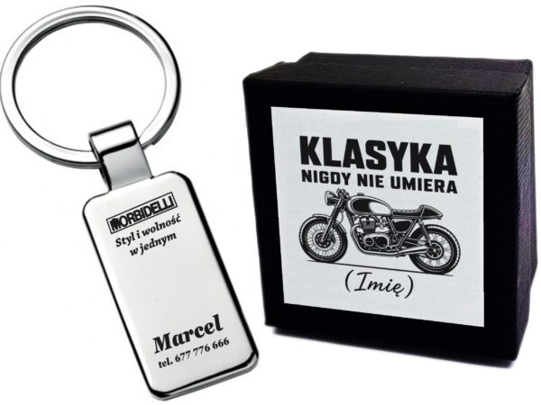 Brelok Morbidelli z grawerem „Styl i wolność w jednym”, imieniem i telefonem w etui – prezent dla motocyklisty