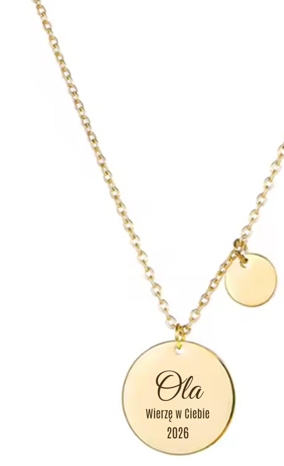 Złoty naszyjnik medalik – Jestem Magnesem Na Szczęście – grawer