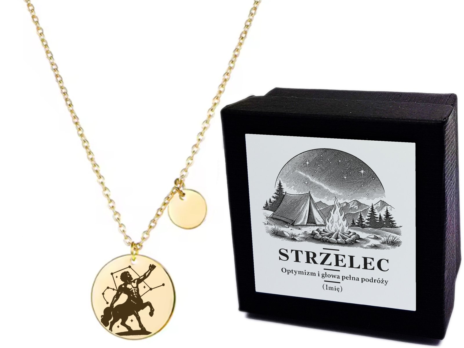 Złoty naszyjnik medalik – Znak Zodiaku Strzelec Rycina – grawer