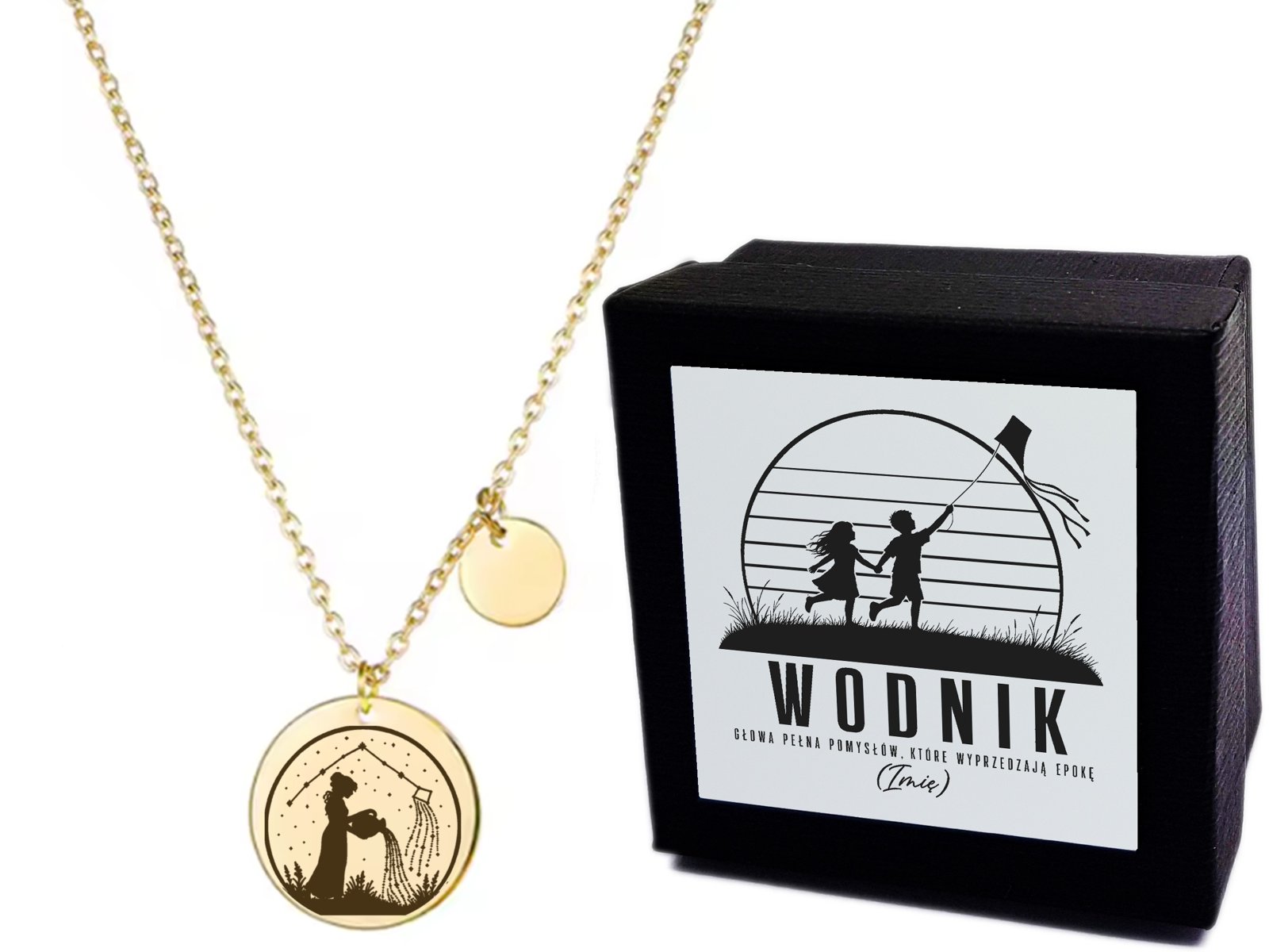 Złoty naszyjnik medalik – Znak Zodiaku Wodnik Sylwetka – grawer