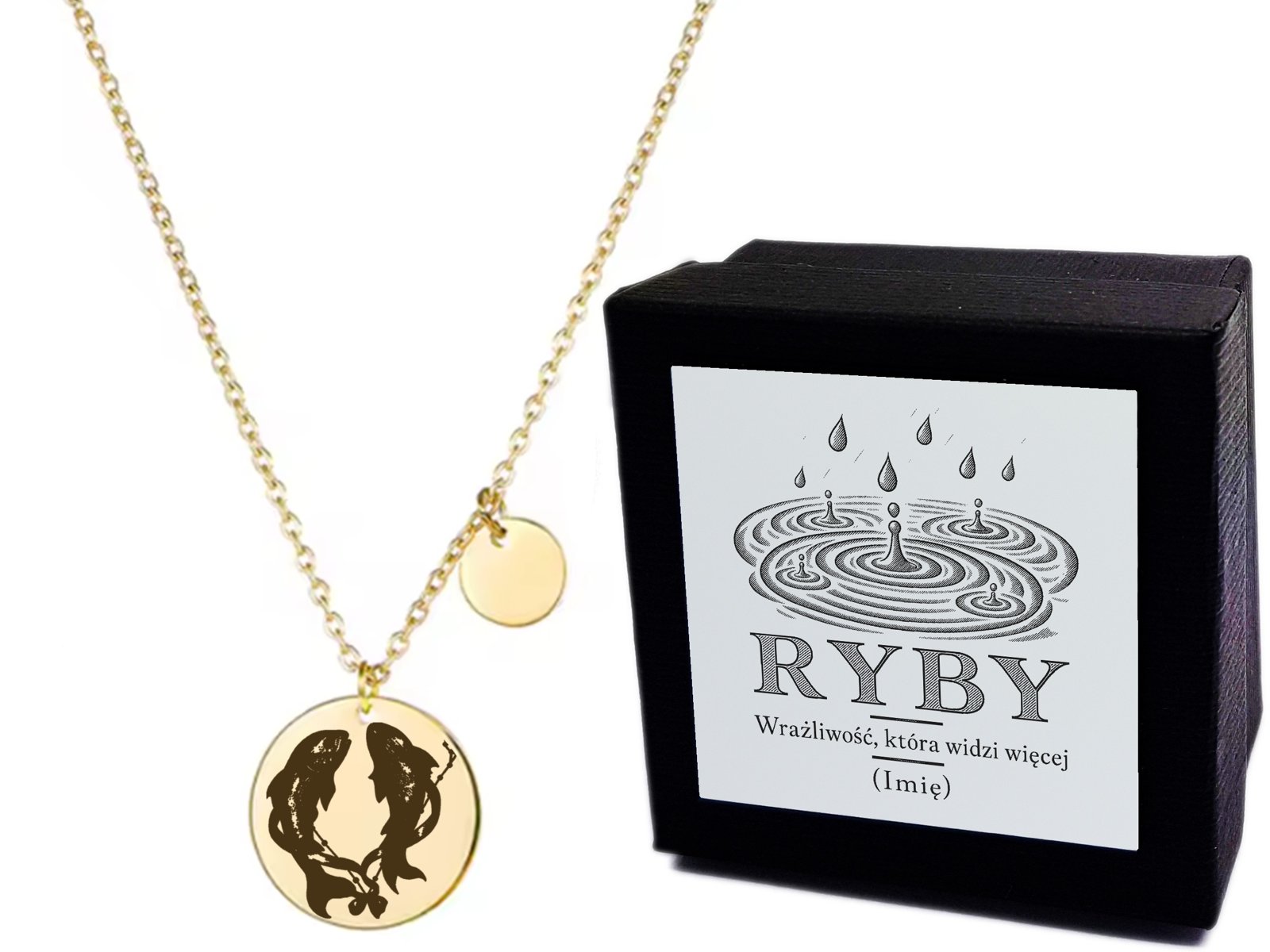Złoty naszyjnik medalik – Znak Zodiaku Ryby Rycina – grawer