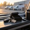 Brelok do kluczy w czarnym etui i kubek termiczny na desce rozdzielczej firmowego busa