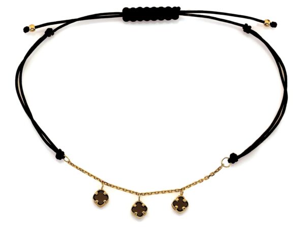 Bransoletka czarna sznurkowa złote kwiatki z czarnymi kamie próba 585