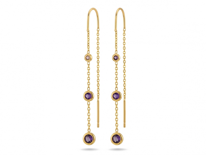 Złote kolczyki długie wiszące z fioletowymi cyrkoniami prze próba 585 – złoto próby 585 | Infinnity
