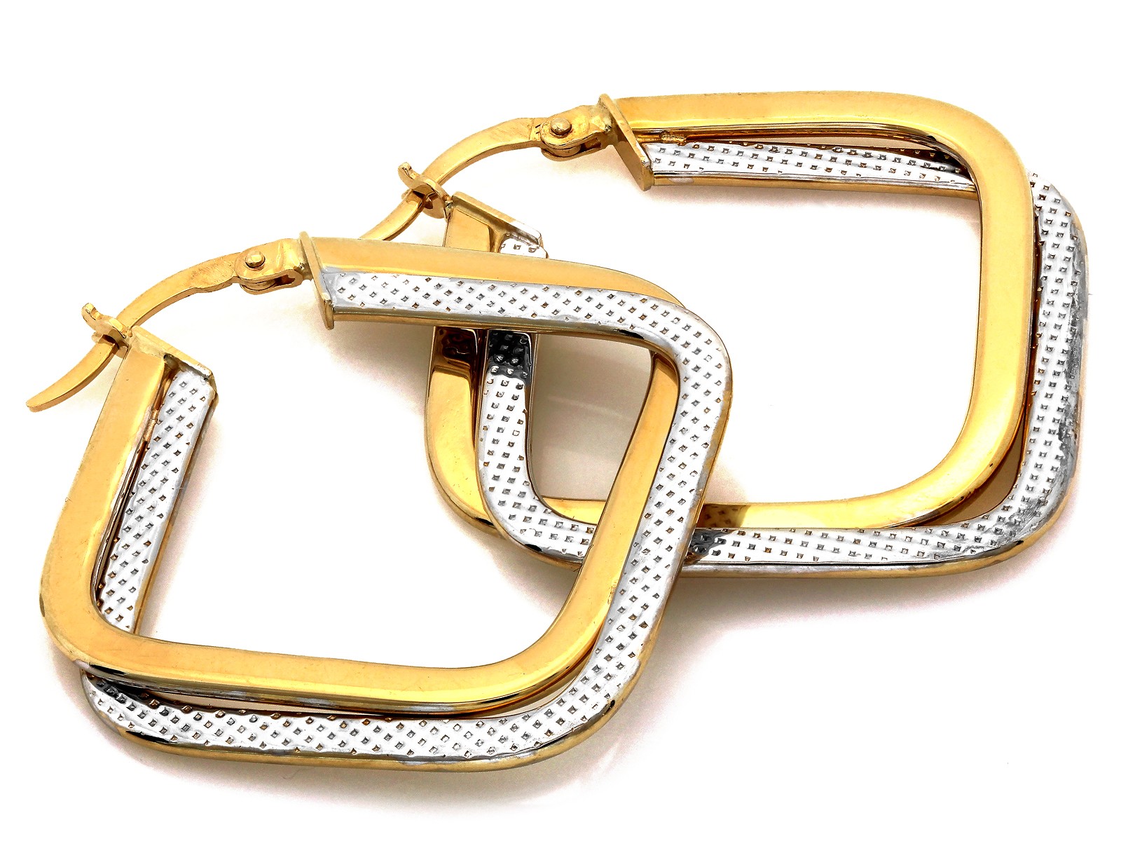 Kolczyki złote podwójne kwadratowe dwukolorowe modne na cza próba 585 – złoto próby 585 | Infinnity
