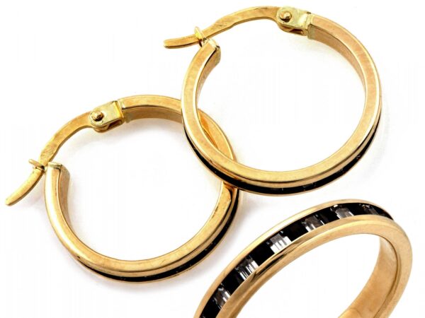 Złote kolczyki koła z czarnymi cyrkoniami 19mm próba 375