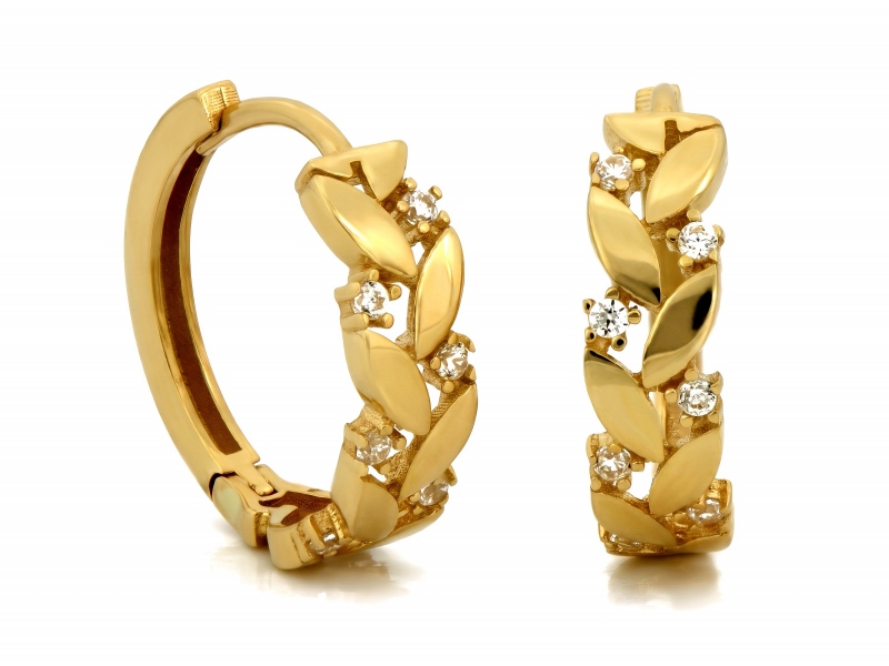 Kolczyki złote małe kółeczka z cyrkoniami listki próba 375 – złoto próby 375, 1,53 g | Infinnity