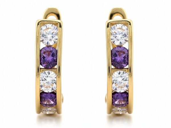 Złote kolczyki przecinki z fioletowymi cyrkoniami dziecięce próba 585