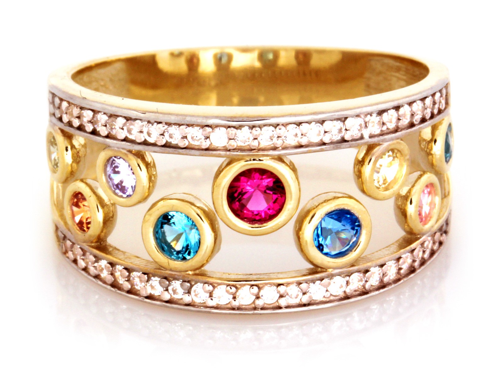 Złoty pierścionek szeroki obrączkowy z kolorowymi cyrkoniami próba 585 – złoto próby 585, 4,62 g | Infinnity