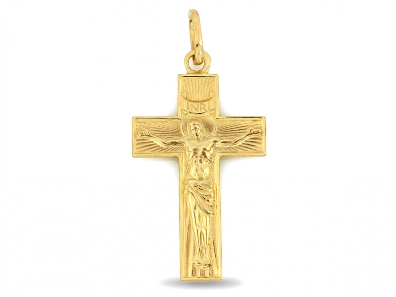 Złota zawieszka krzyżyk z Chrystusem INRI symbol wiary i tr próba 585 – złoto próby 585, 0,88 g | Infinnity