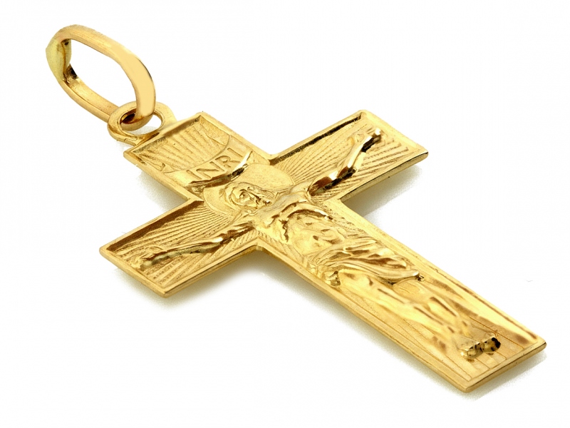 Złota zawieszka krzyżyk z Chrystusem INRI symbol wiary i tr próba 585 – złoto próby 585, 0,88 g | Infinnity